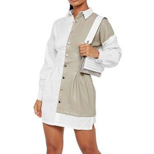 HALF VEGAN LEATHER SHIRT DRESS - WHITE